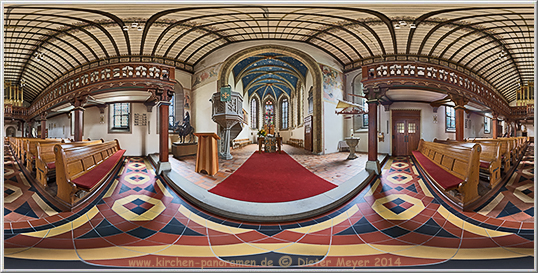 Panorama Nikolauskirche Beuren, Mittelschiff vorn; equirectangulare Darstellung