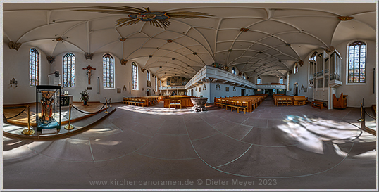 Stadtkirche Freudenstadt, Innenraum Altarraum; equirectangulare Darstellung