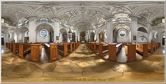 Schlosskirche Friedrichshafen (Bodensee), Innenraum Mittelgang; equirectangulare Darstellung