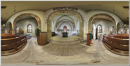 Panorama Katharinenkapelle Landau i.d.Pfalz, Innenraum, Mitte, vor dem Chorraum; equirectangulare Darstellung