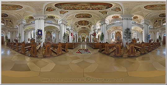Panorama Kath. Pfarrkirche (ehem. Abteikirche) Weissenau, Innenraum Mittelgang; equirectangulare Darstellung